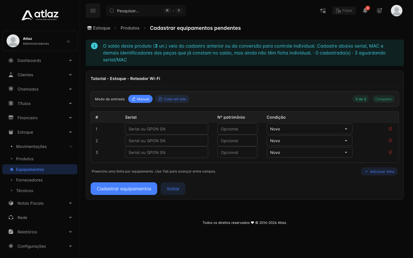 Tela Cadastrar equipamentos pendentes