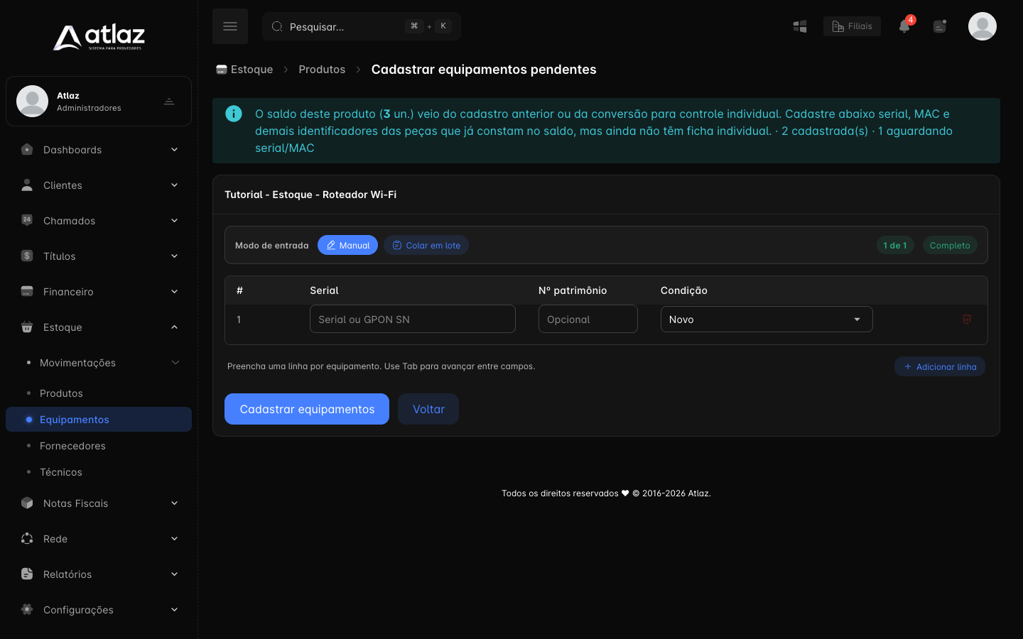 Pendente restante na tela de cadastro