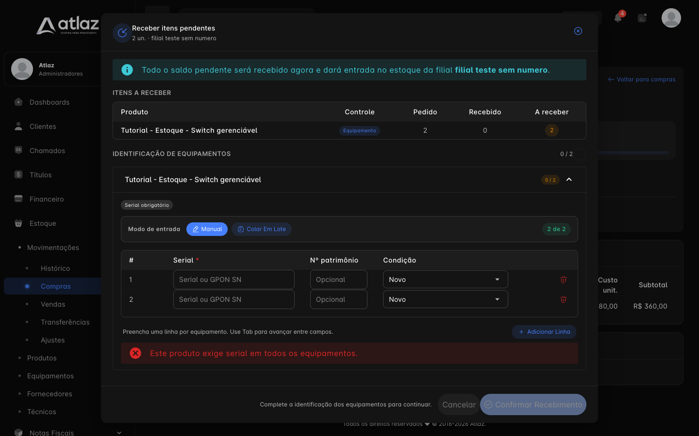 Janela Receber itens pendentes com o modo Manual
