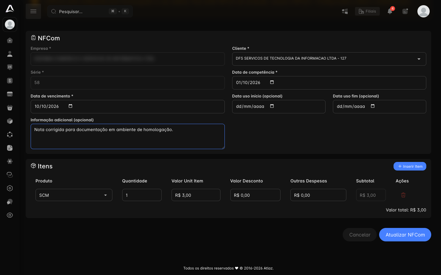Formulário corrigido, com o botão Atualizar NFCom