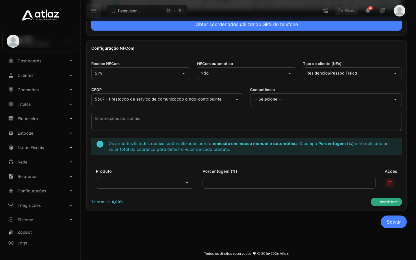 Cartão Configuração NFCom no cadastro do assinante