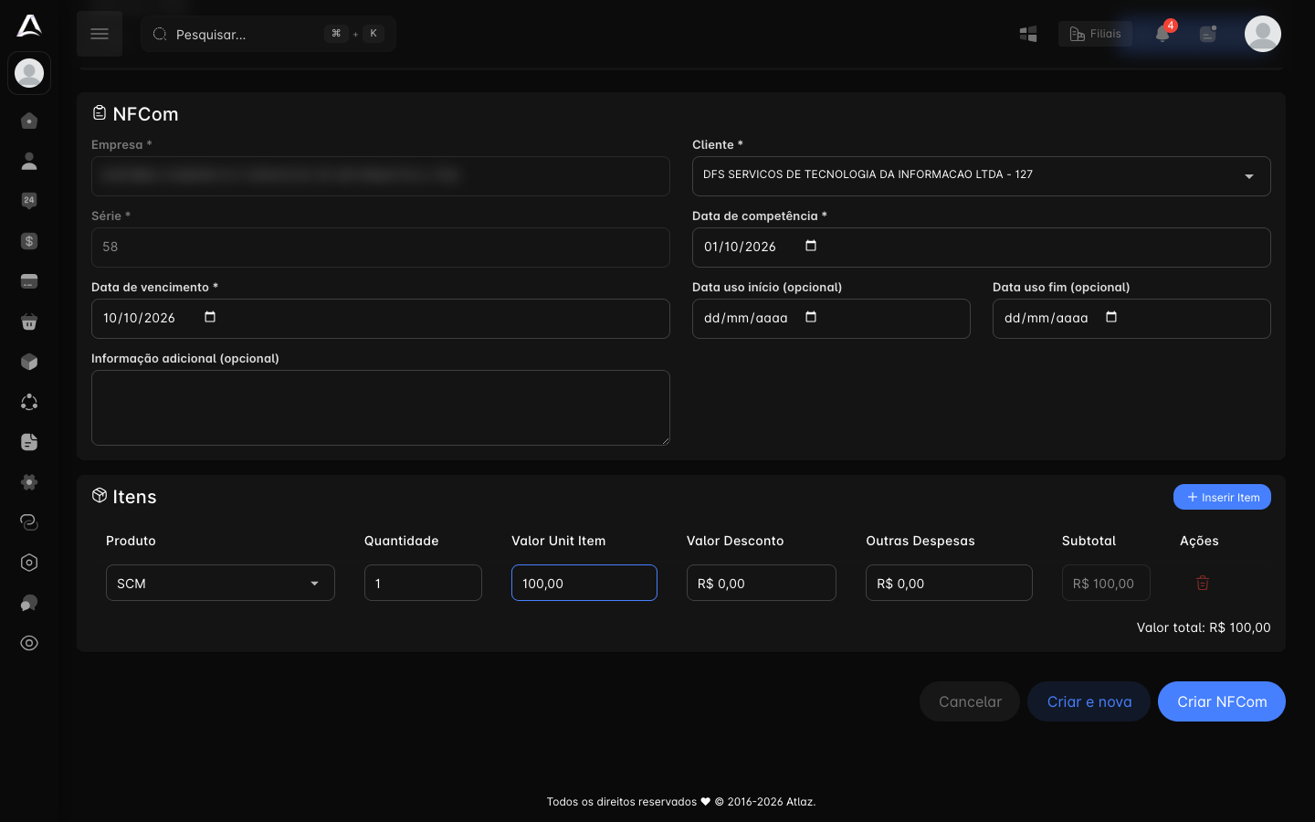 Formulário de criação da NFCom com dados e item preenchidos