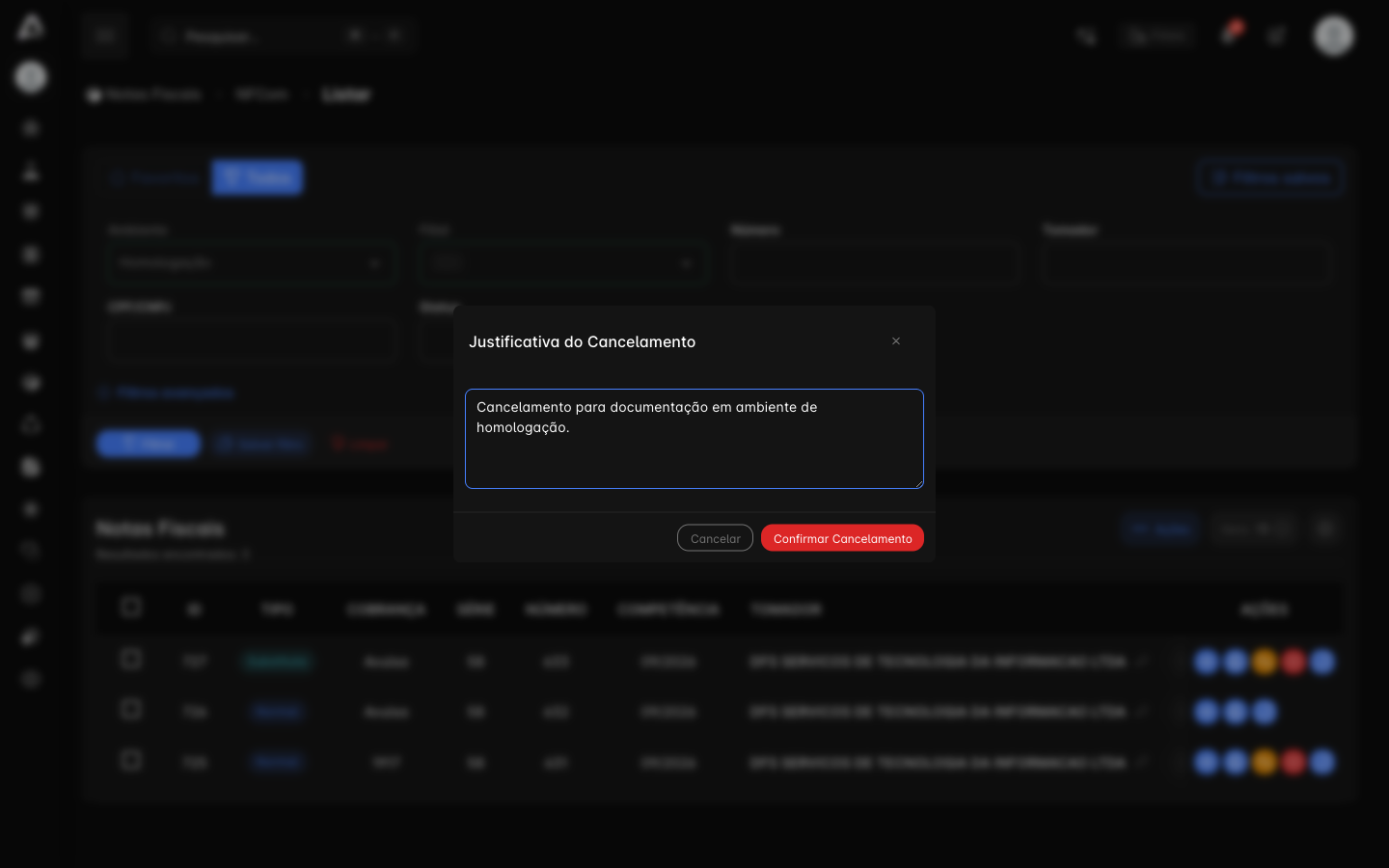 Janela Justificativa do Cancelamento preenchida