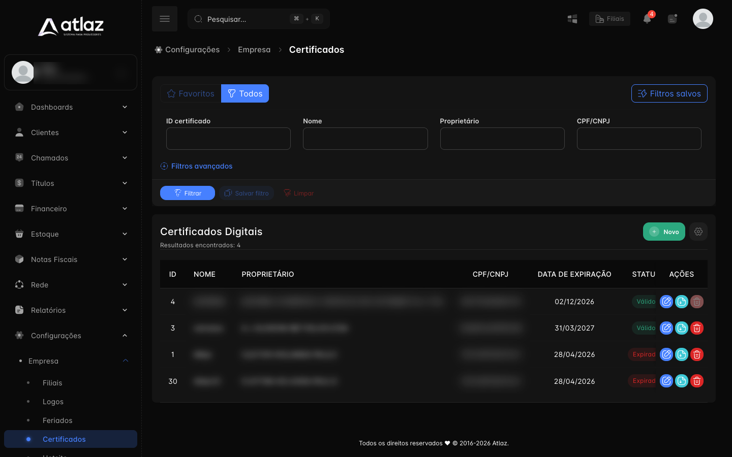 Tela Certificados, com a lista de certificados e o botão Novo