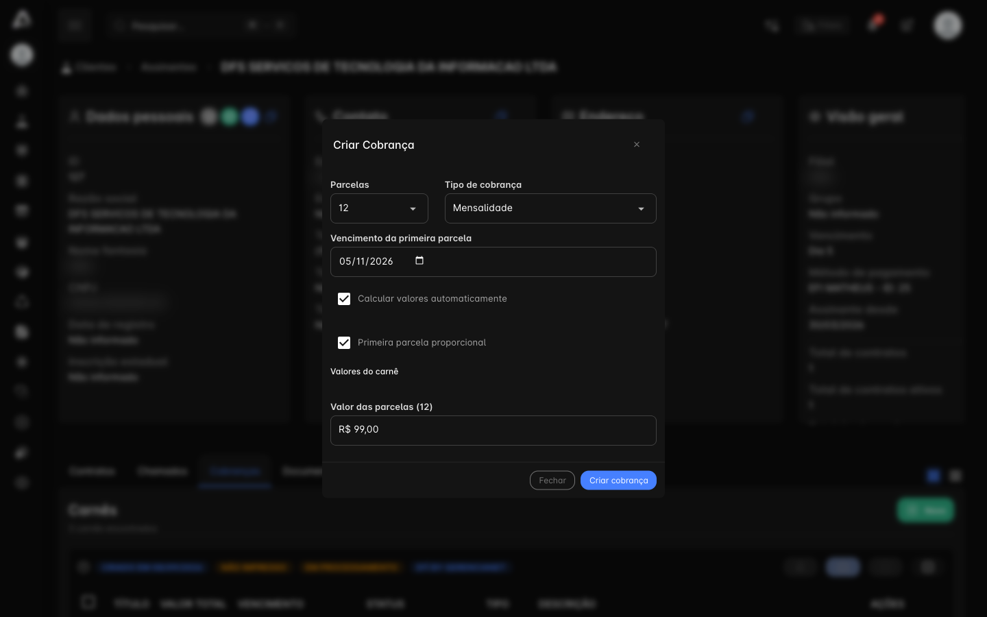 Janela Criar Cobrança, com Calcular valores automaticamente ligado