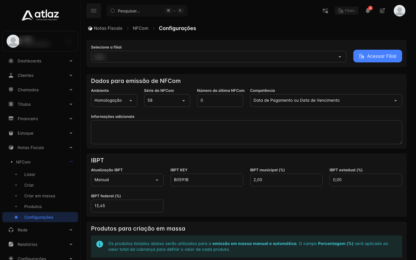 Seção Dados para emissão de NFCom e IBPT