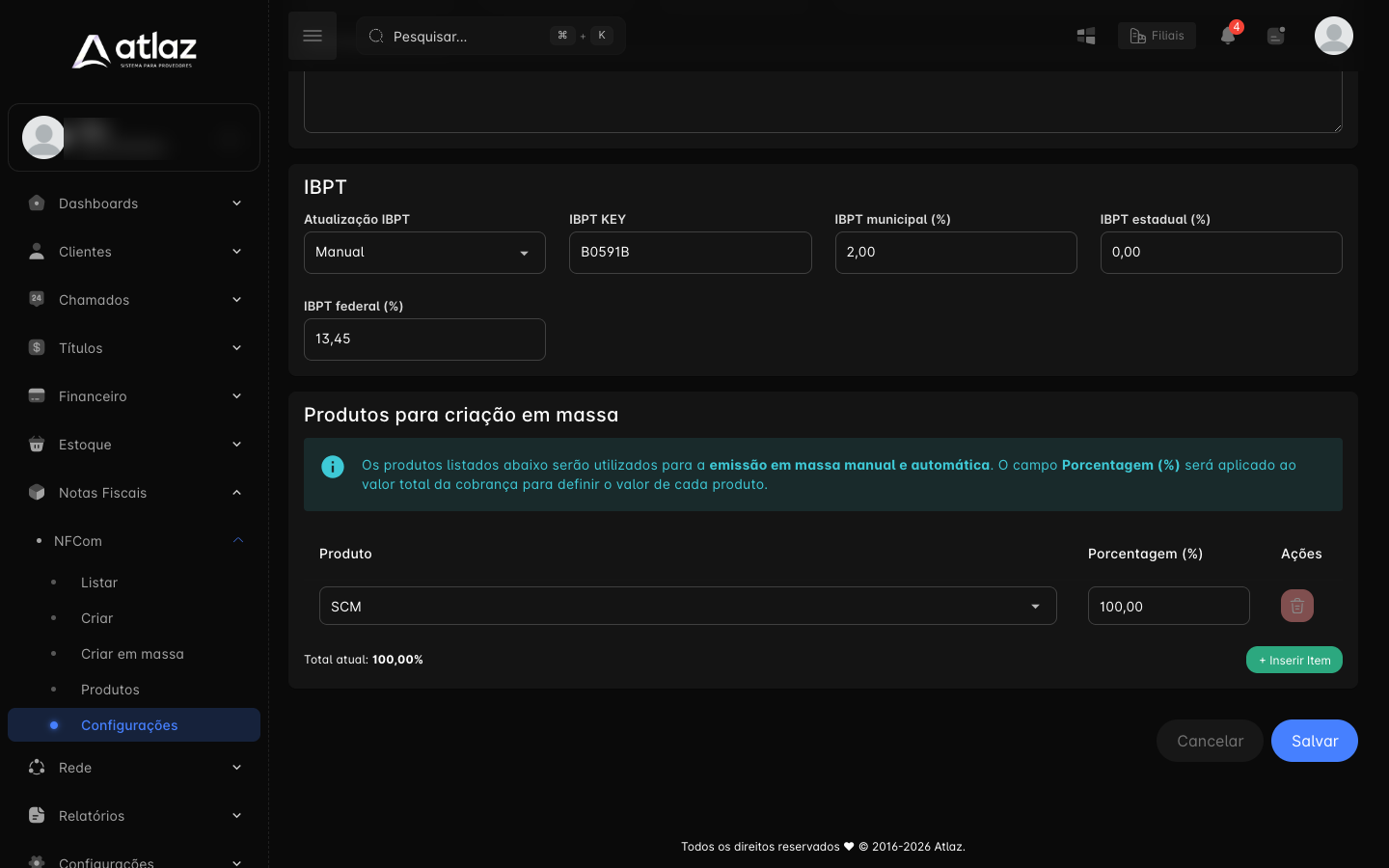 Seção Produtos para criação em massa, nas configurações da NFCom