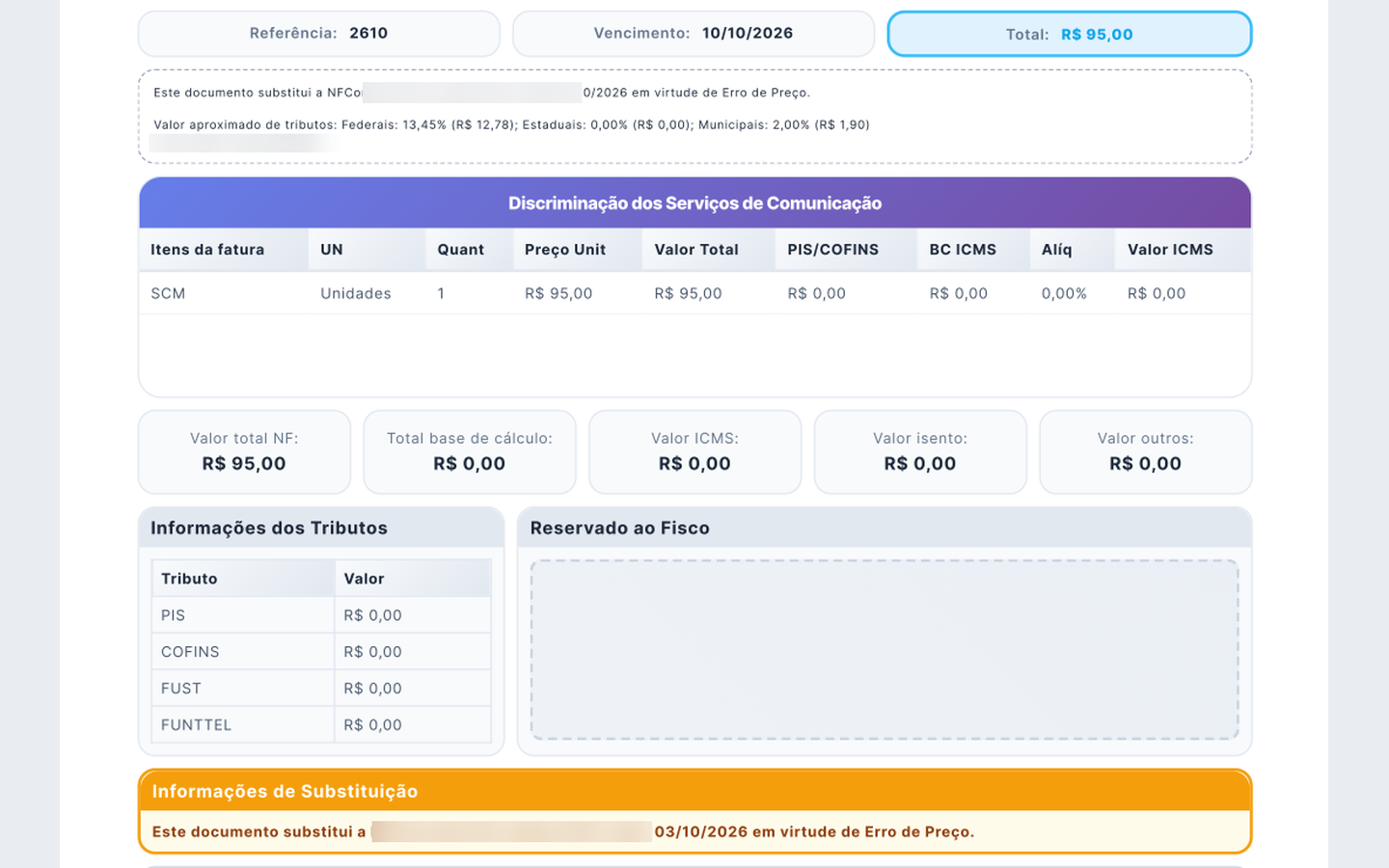 Parte inferior do DANFE-COM de uma nota substituta, com o bloco Informações de Substituição