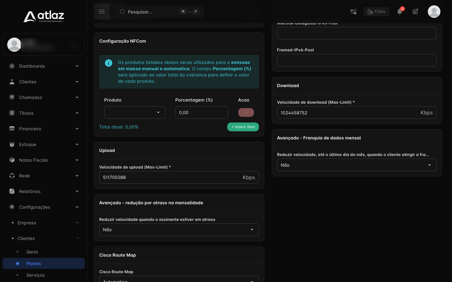 Cartão Configuração NFCom na edição de um plano