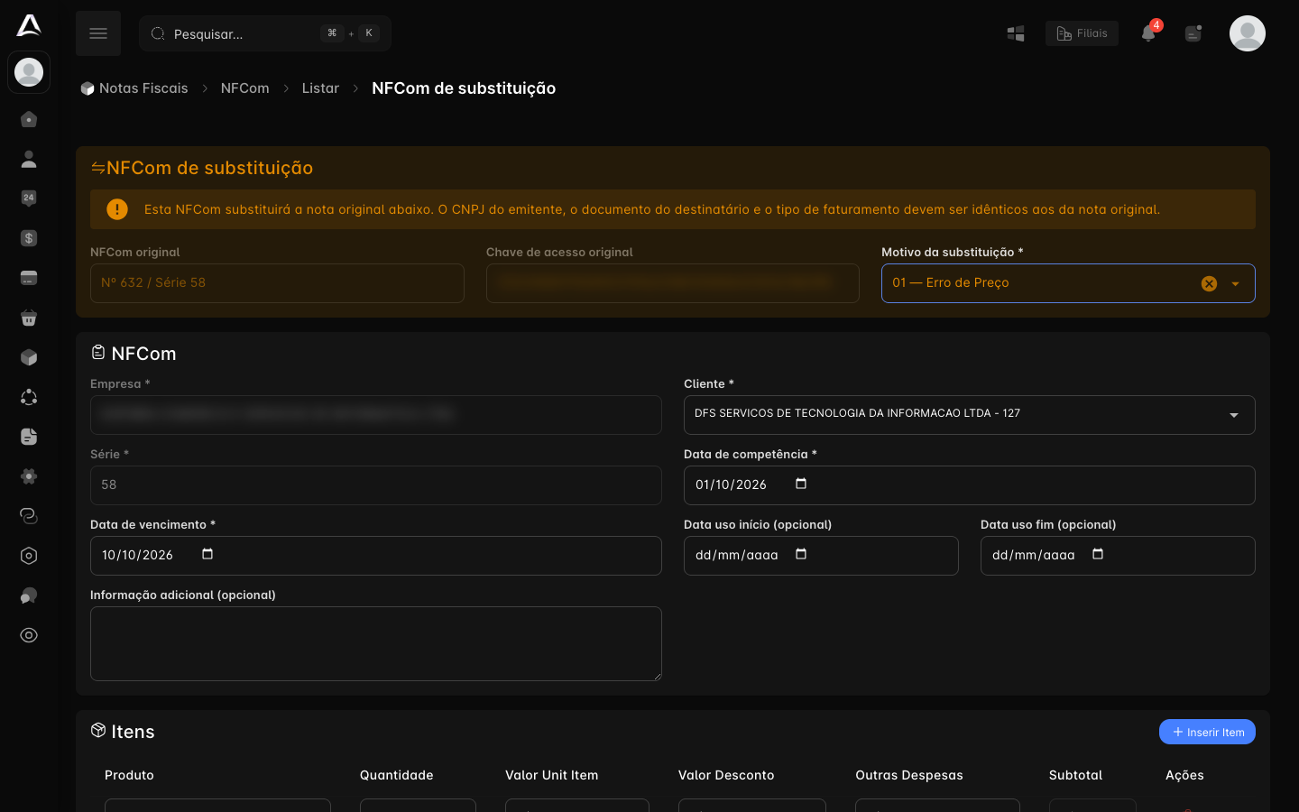 Tela NFCom de substituição, com a NFCom original, a chave de acesso e o motivo escolhido