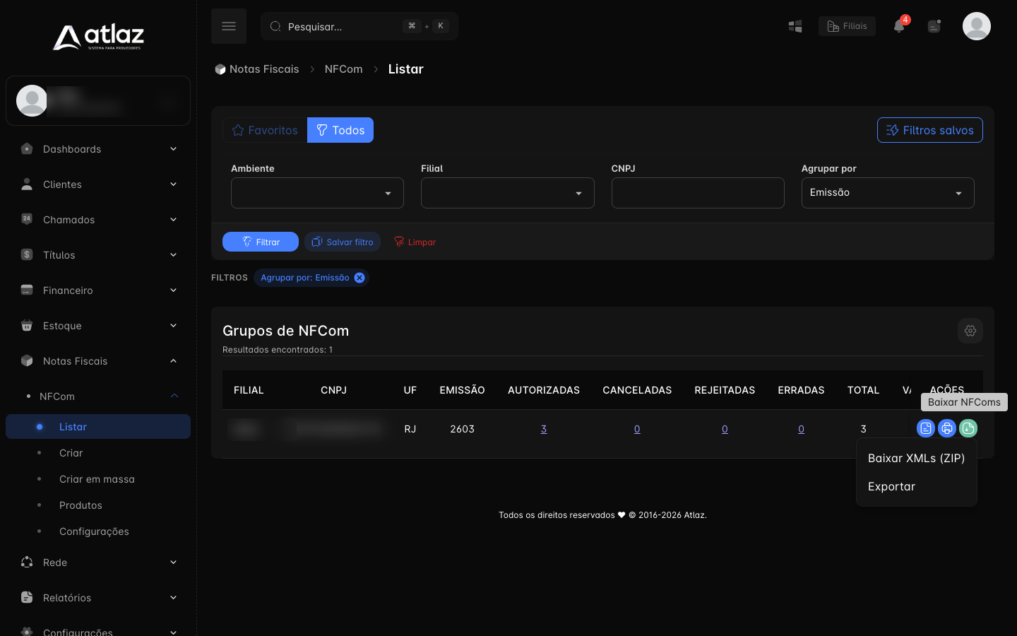 Menu Baixar NFComs de um grupo, com Baixar XMLs (ZIP) e Exportar
