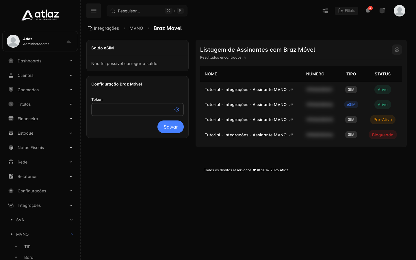 Tela Braz Móvel com o saldo eSIM, a configuração e a lista de linhas