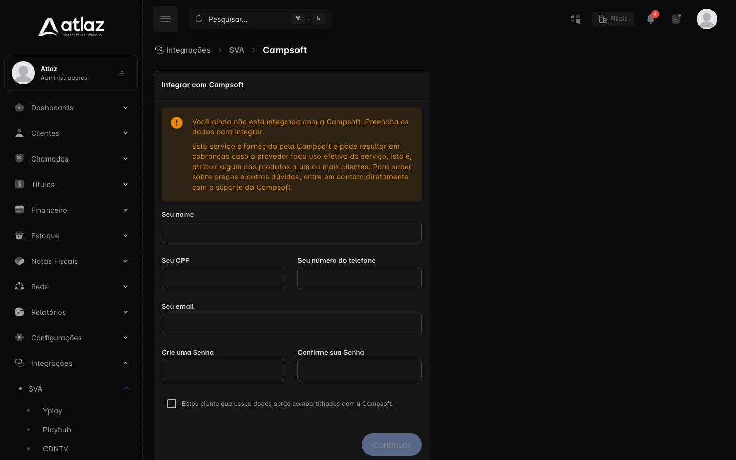 Tela Campsoft antes da integração, com o aviso e o formulário