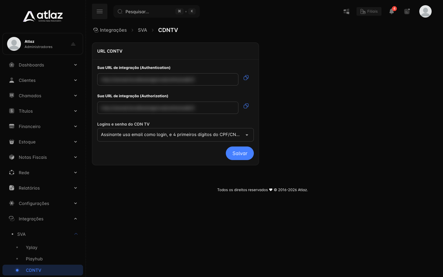 Tela CDNTV com as URLs de integração e o tipo de login
