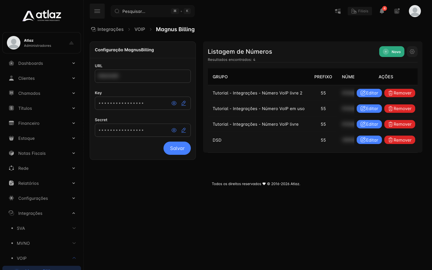 Tela Magnus Billing com a configuração e a lista de números