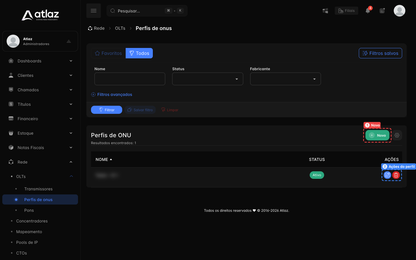 Lista de perfis com o botão Novo e as ações de cada perfil