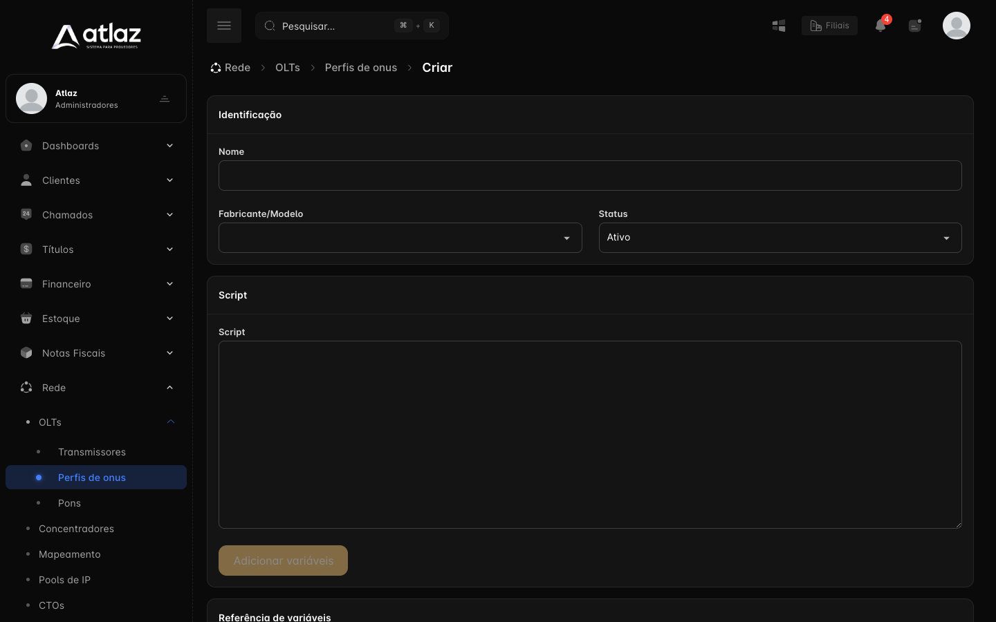 Formulário de novo perfil com nome, fabricante, status e script