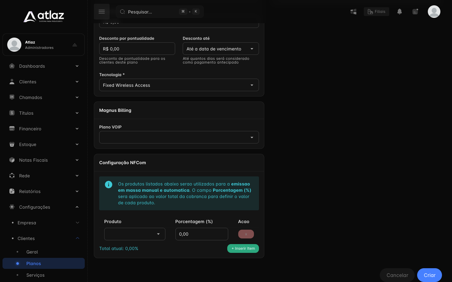 Seção Magnus Billing do formulário Criar plano, com o campo Plano VOIP