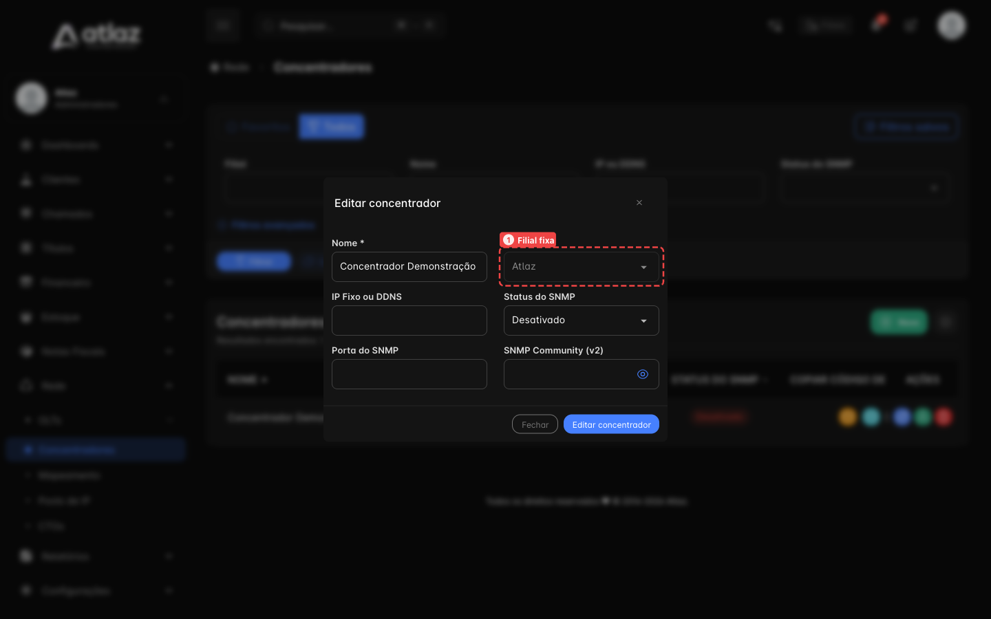 Janela Editar concentrador, com a filial bloqueada