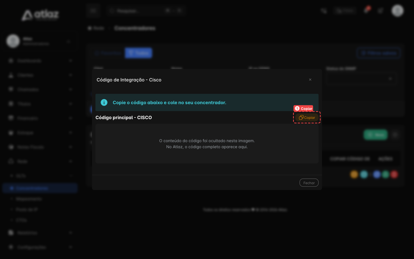 Painel Código de Integração - Cisco com o botão Copiar