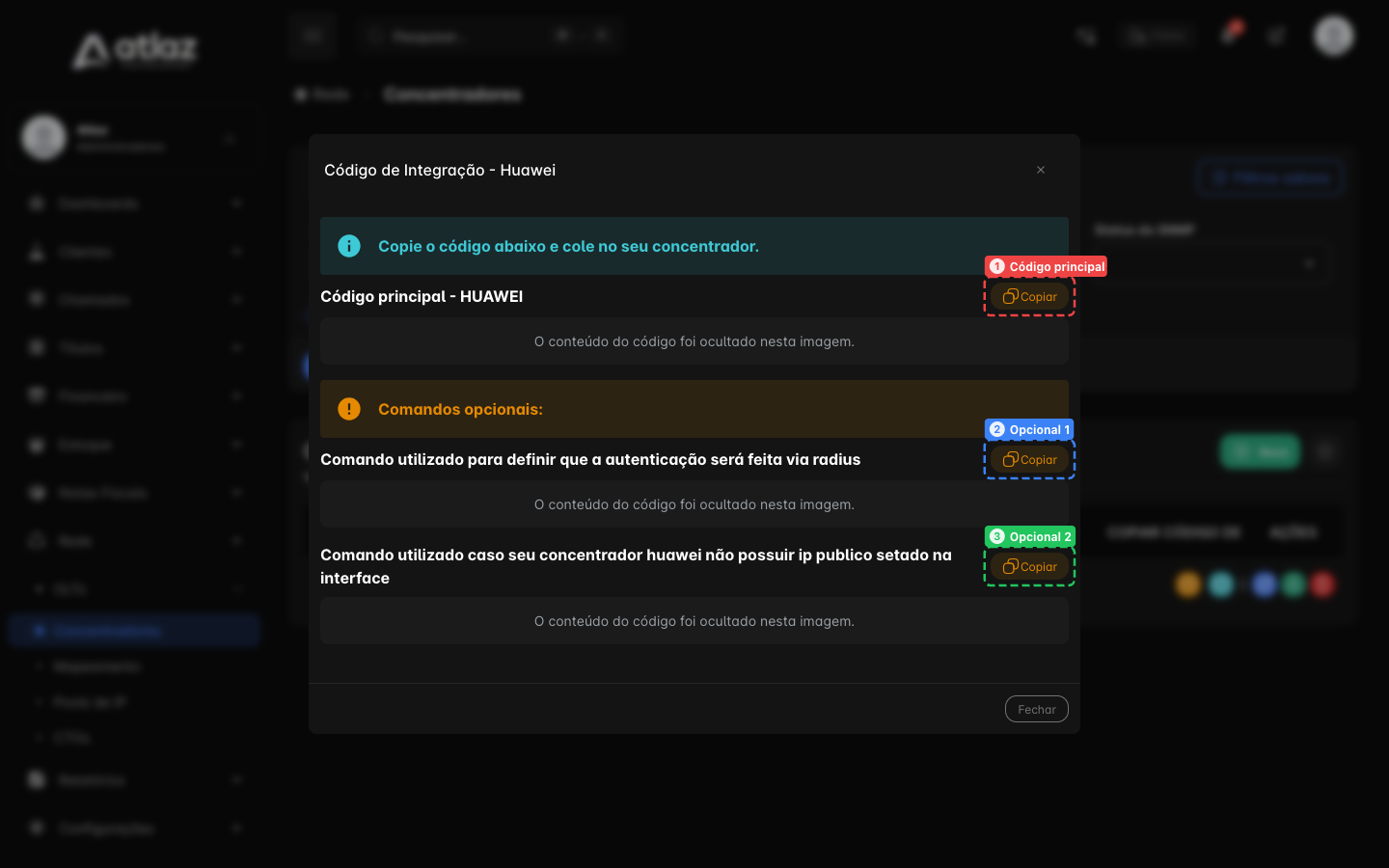 Painel Código de Integração - Huawei com os três blocos e os botões Copiar