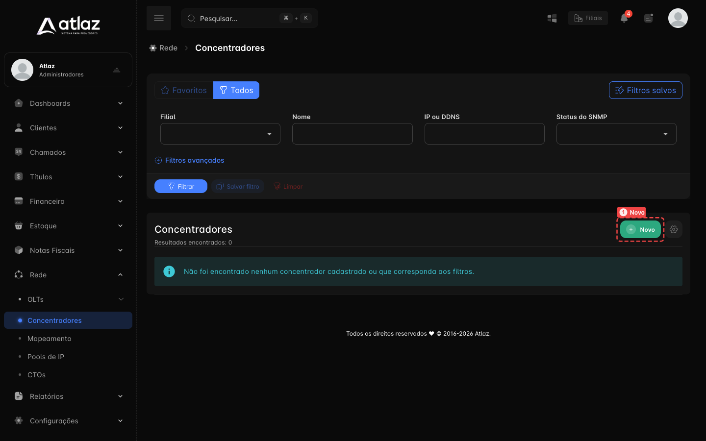 Tela de Concentradores com o botão Novo