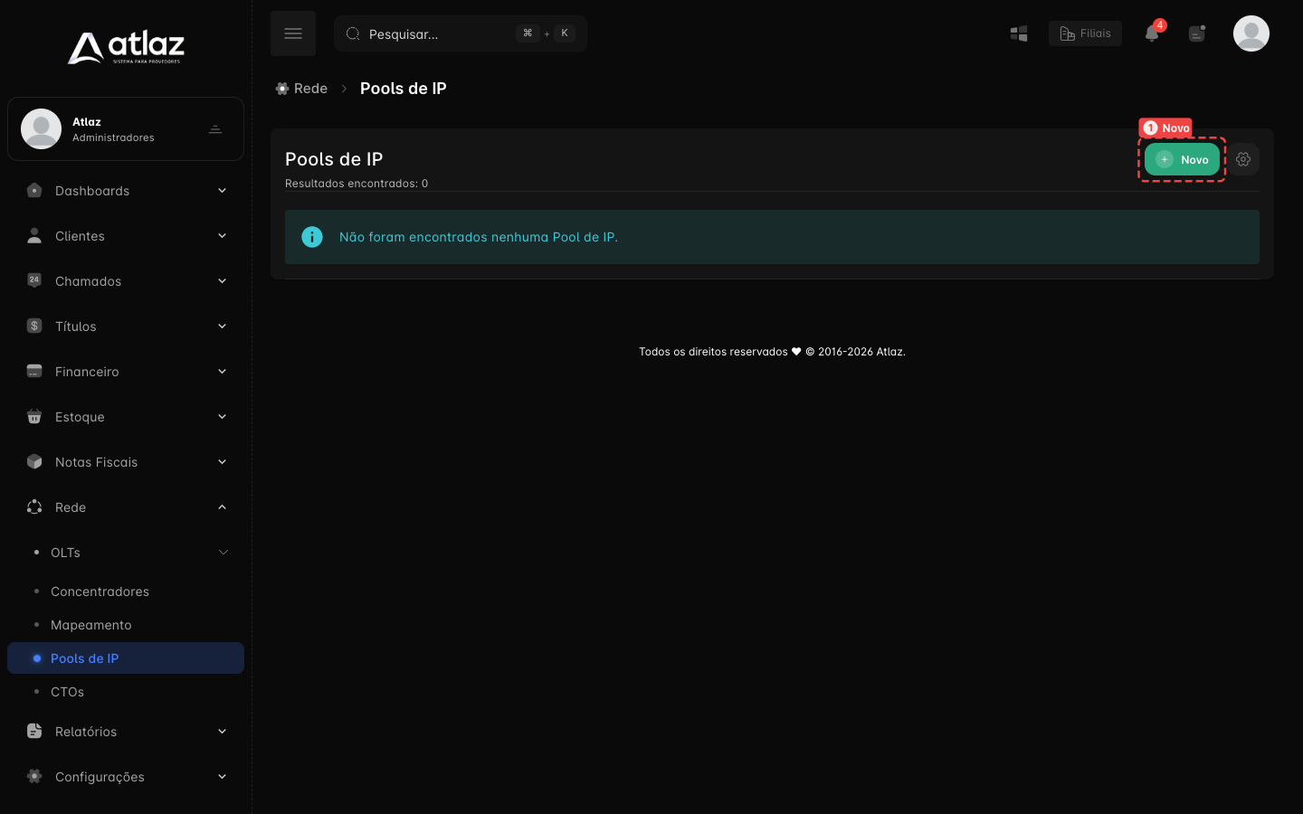 Tela Pools de IP com o botão Novo