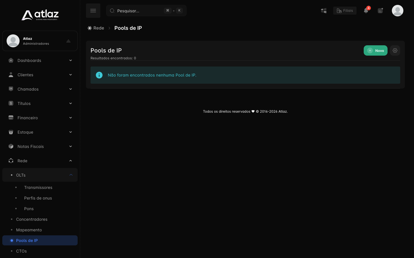 Menu Rede com OLTs, Concentradores, Mapeamento, Pools de IP e CTOs