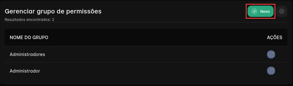 Lista de grupos de permissões com o botão Novo