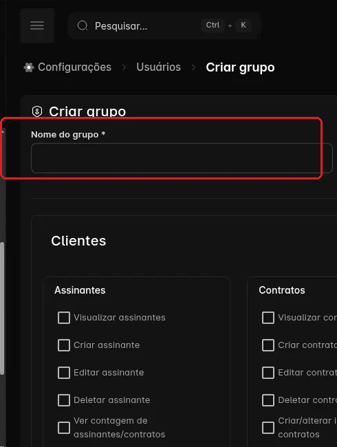 Formulário Criar grupo, com o campo Nome do grupo e as primeiras permissões