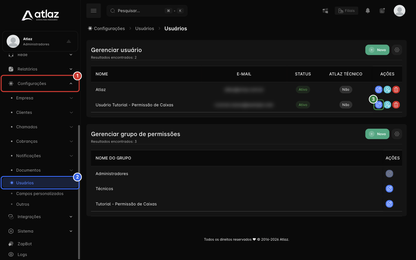 Menu Configurações e Usuários, com o ícone Editar na linha do usuário