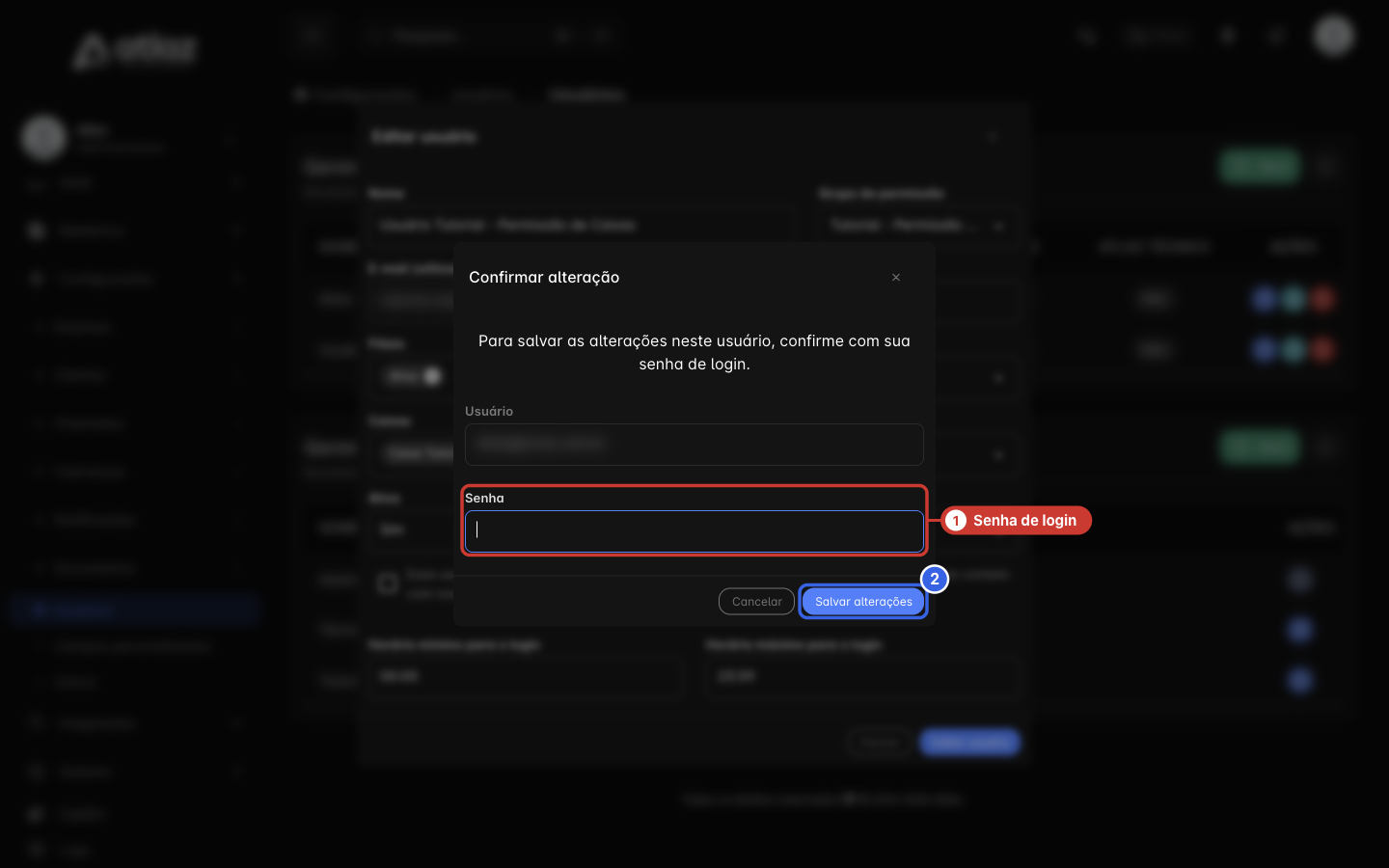 Modal Confirmar alteração com o campo Senha e o botão Salvar alterações