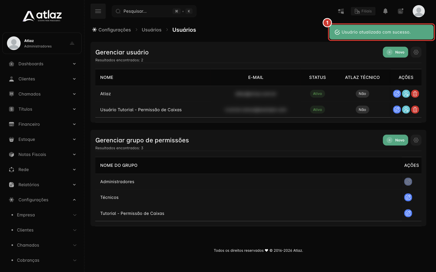 Mensagem Usuário atualizado com sucesso no canto superior direito