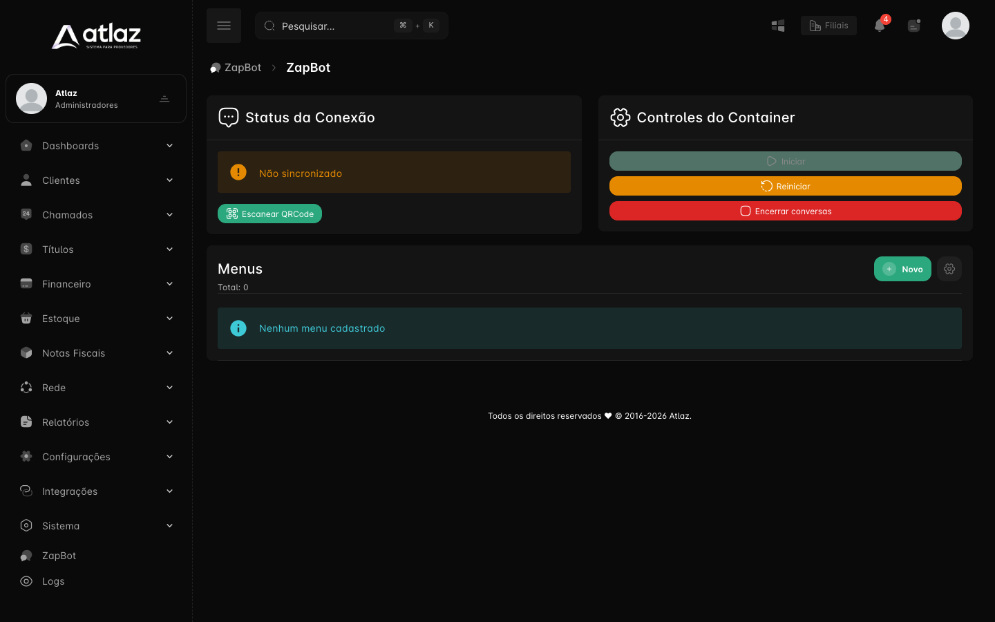 Painel com o serviço iniciado: Iniciar desativado, Reiniciar e Encerrar conversas disponíveis