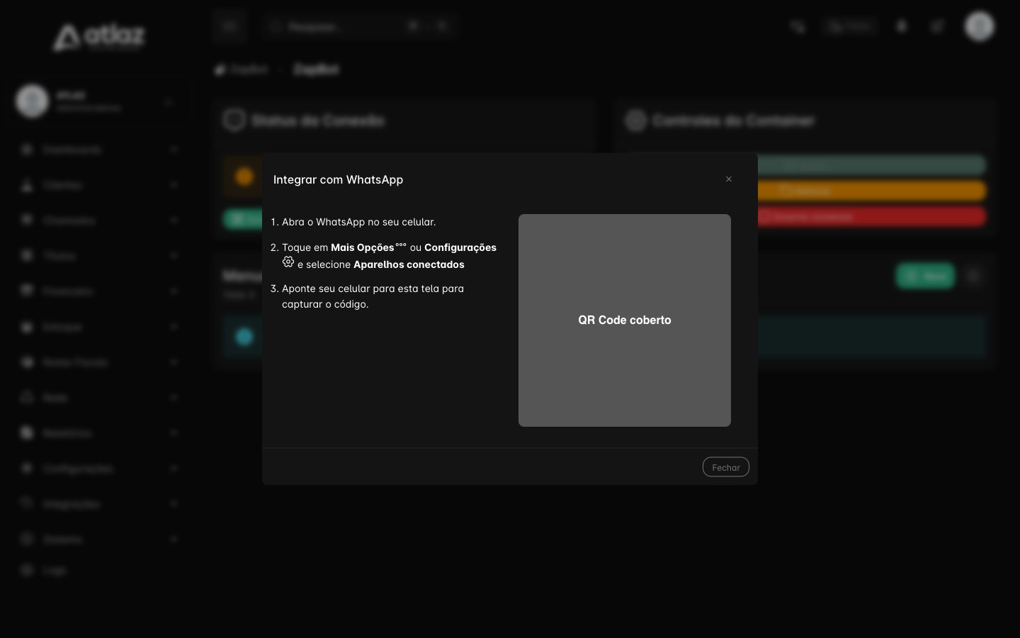 Janela Integrar com WhatsApp com as instruções e o QR Code (coberto nesta imagem)