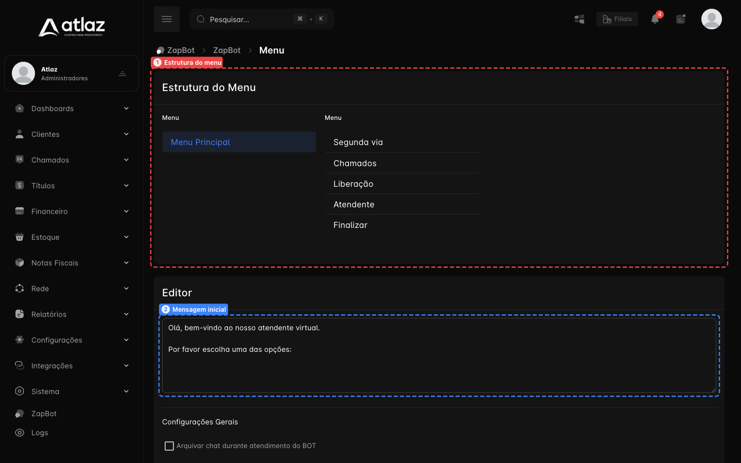 Construtor de menus: estrutura do menu e mensagem inicial