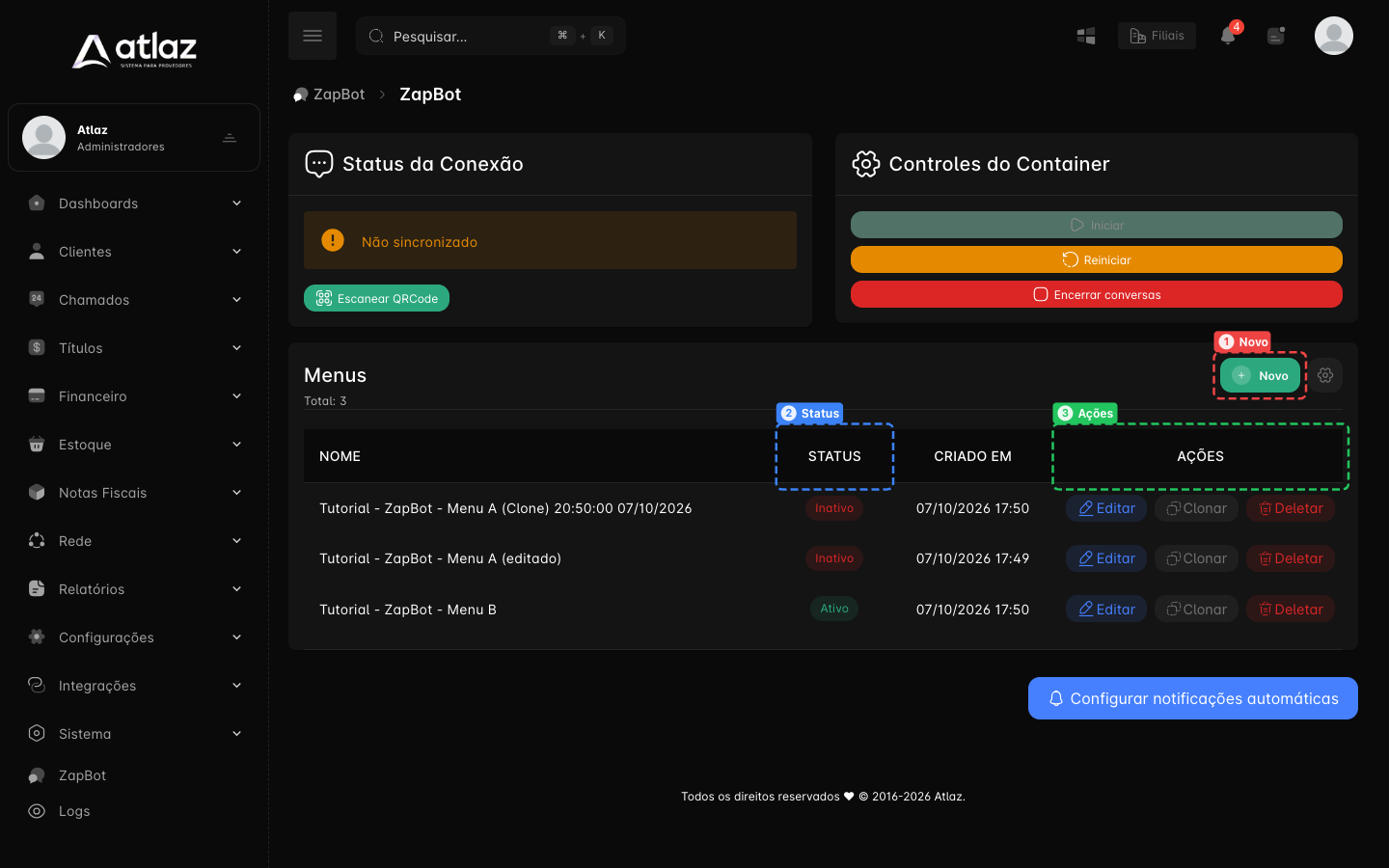 Painel de um número, com Status da Conexão, Controles do Container e a lista de Menus