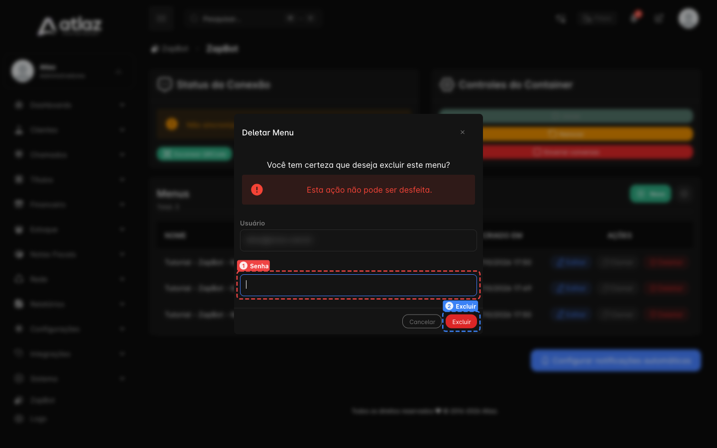 Janela Deletar Menu, com a senha e o botão Excluir